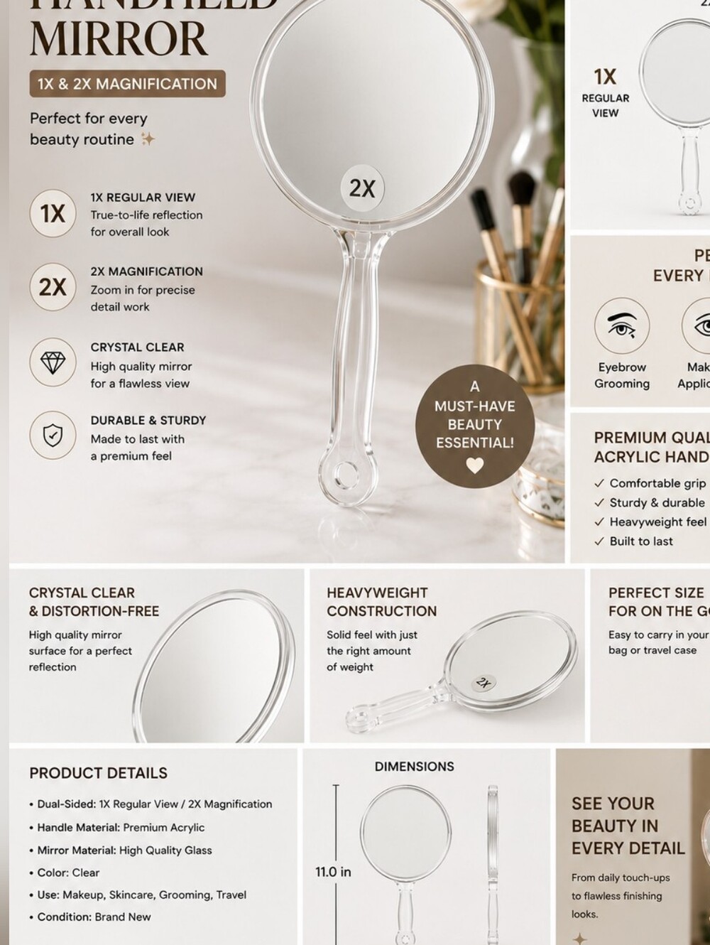 Dual-Sided Handheld Makeup Mirror 1X / 2X Magnification Clear Acrylic Handle